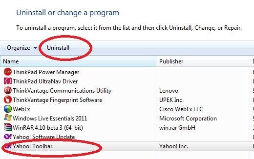 Uninstall yahoo toolbar