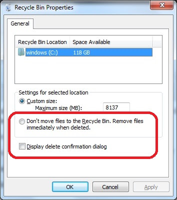 Windows 7 recycle bin settings
